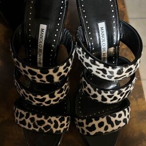 Manolo Blahnik Pony Hair Cow Print Strappy Slip On High Heel Sandals